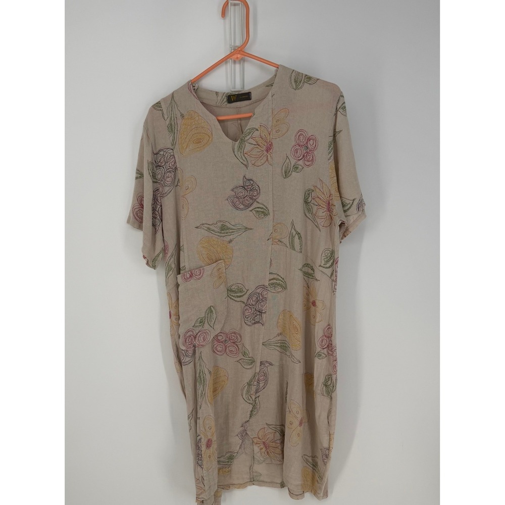 Vintage Wear Abouts Dress Womens XL Beige Italian Linen Cotton‎ Floral Lagenlook